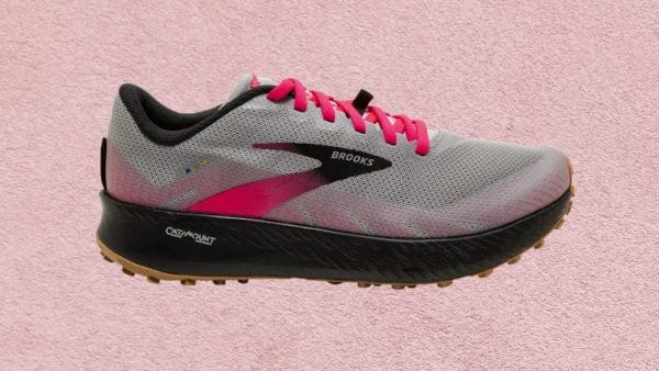 Brooks Catamount Trail Running shoe in grey, black and pink.