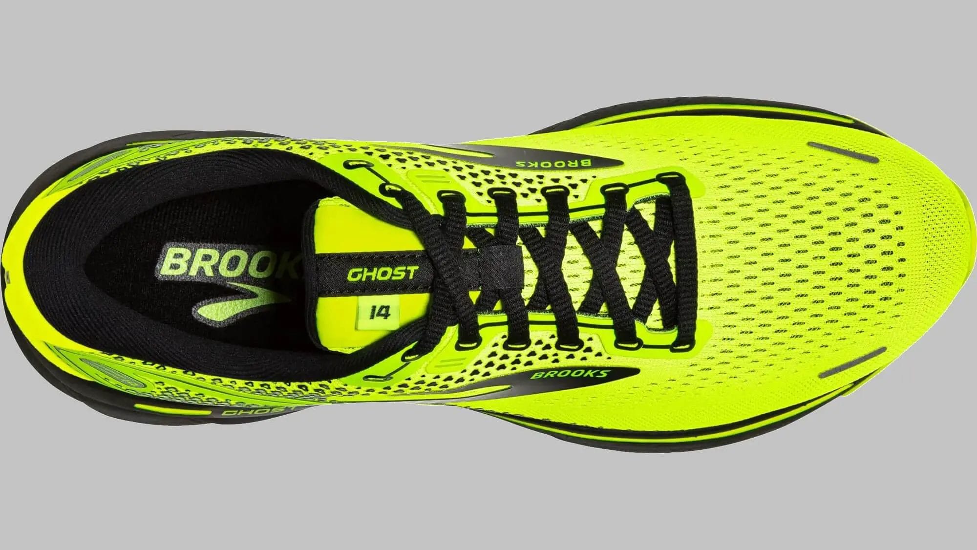Overhead view with view of the tongue on the Brooks Ghost 14.