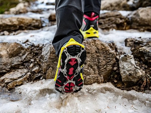 Bottom of trail shoes with the best ice cleats for shoes.