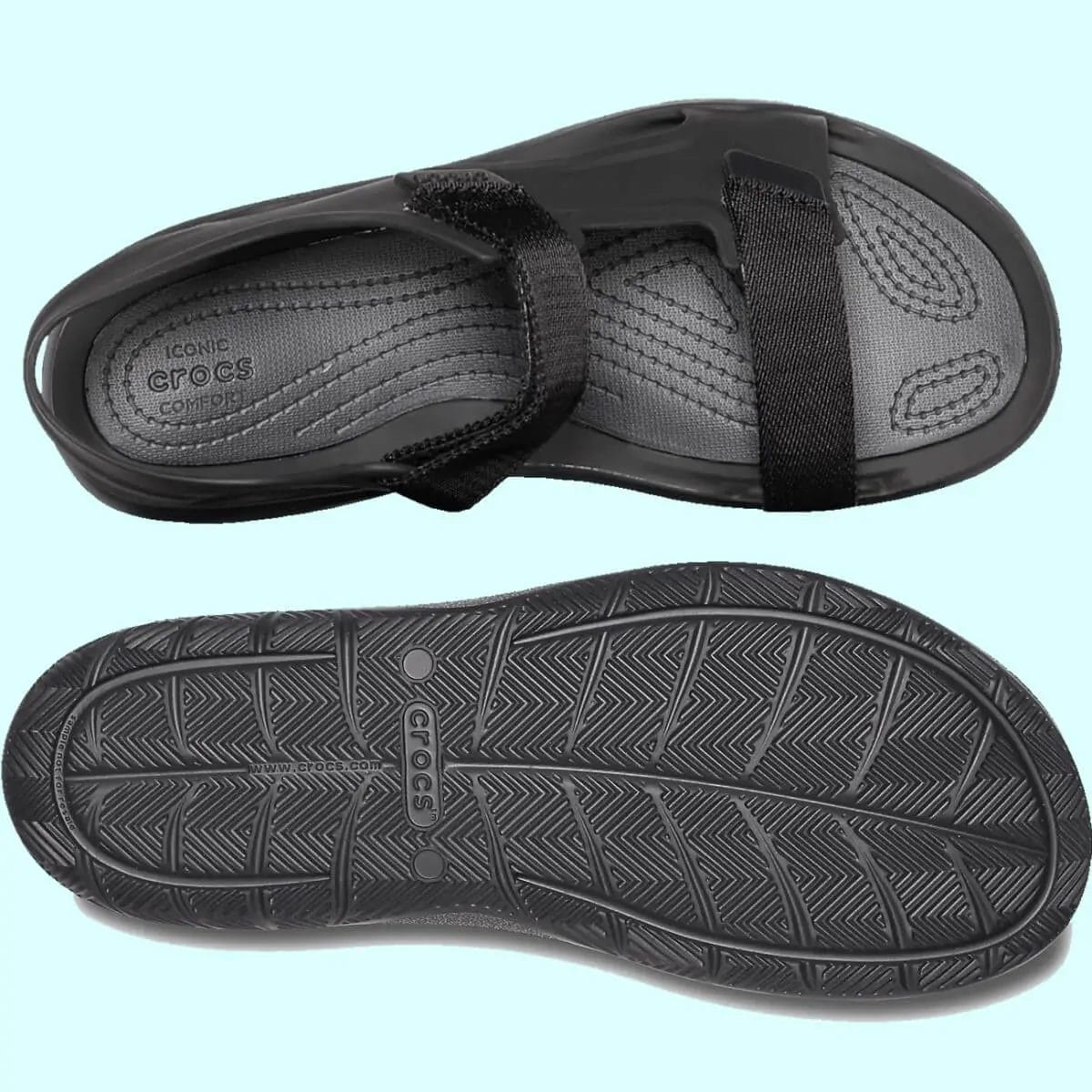 Side by side views of the vamp forefoot and the outsole of the Crocs Swiftwater Expedition Sandal