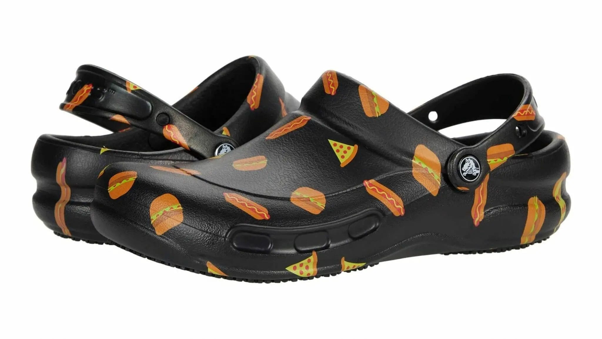 Crocs graphic bistro clog with hamburger and hotdog design.