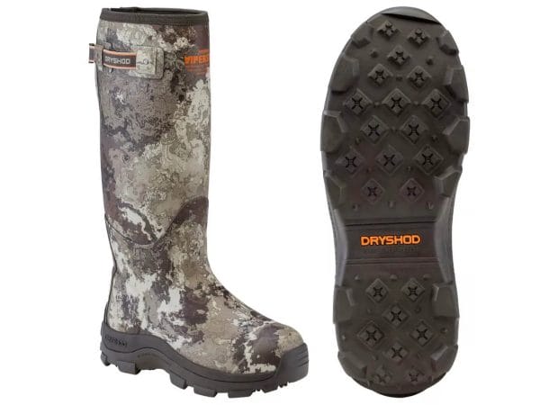 Upper and outsole images of the DryShod ViperStop hunting boot