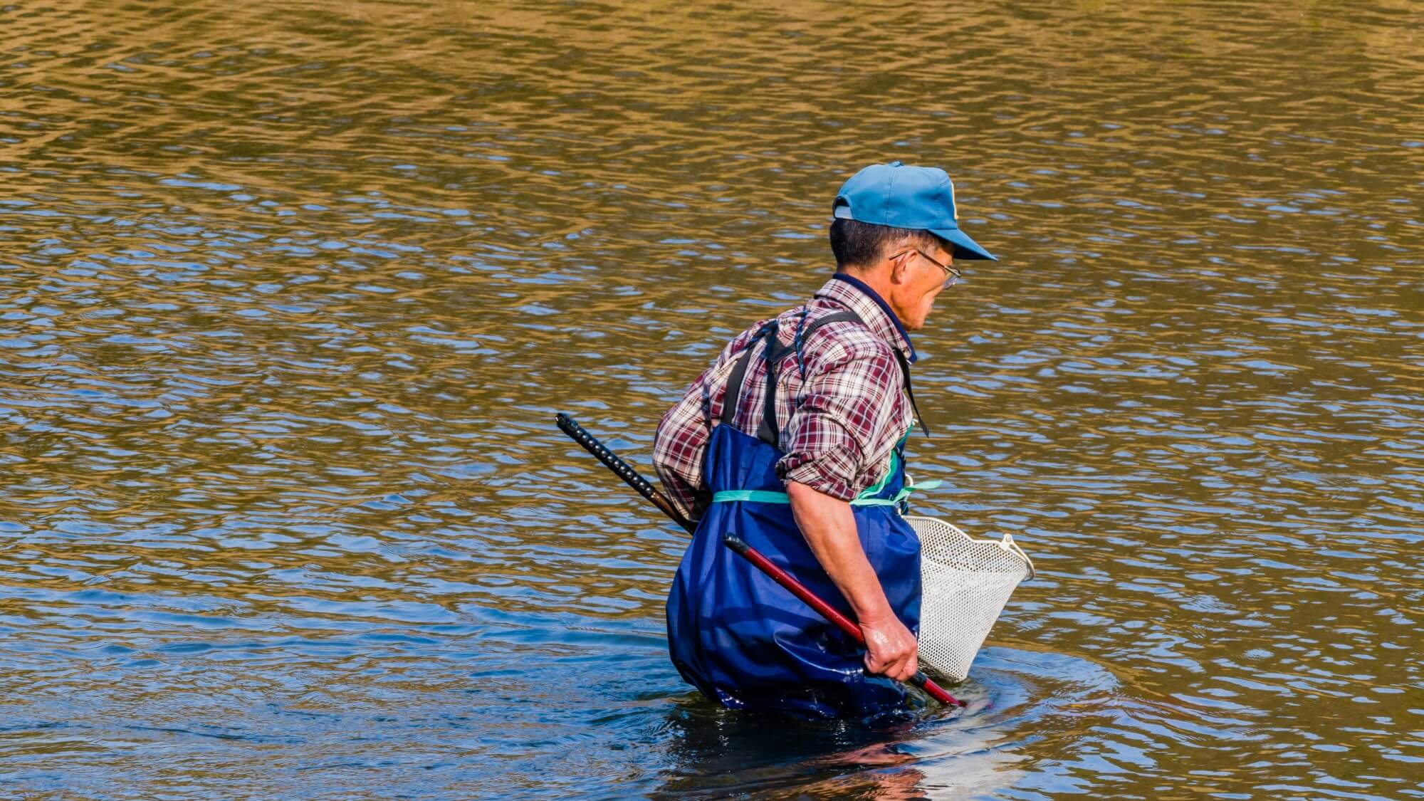 Fisherman wading into river