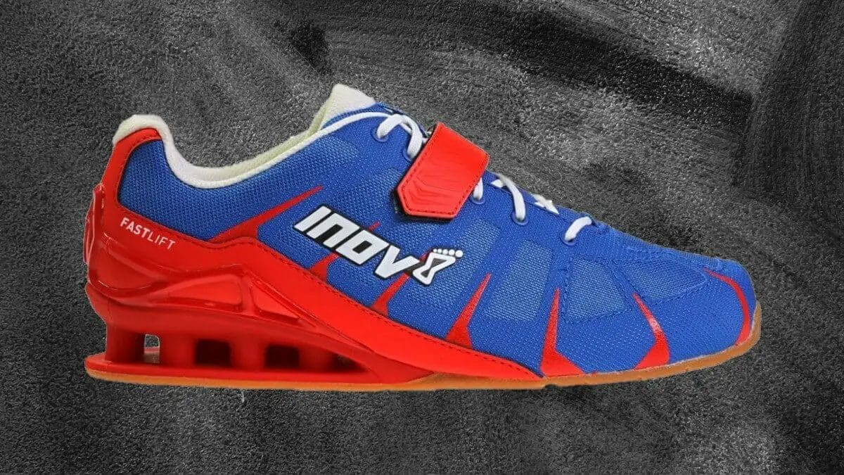 Inov-8 FastLift 360 mens olympic lifting shoe profile of red and blue model.