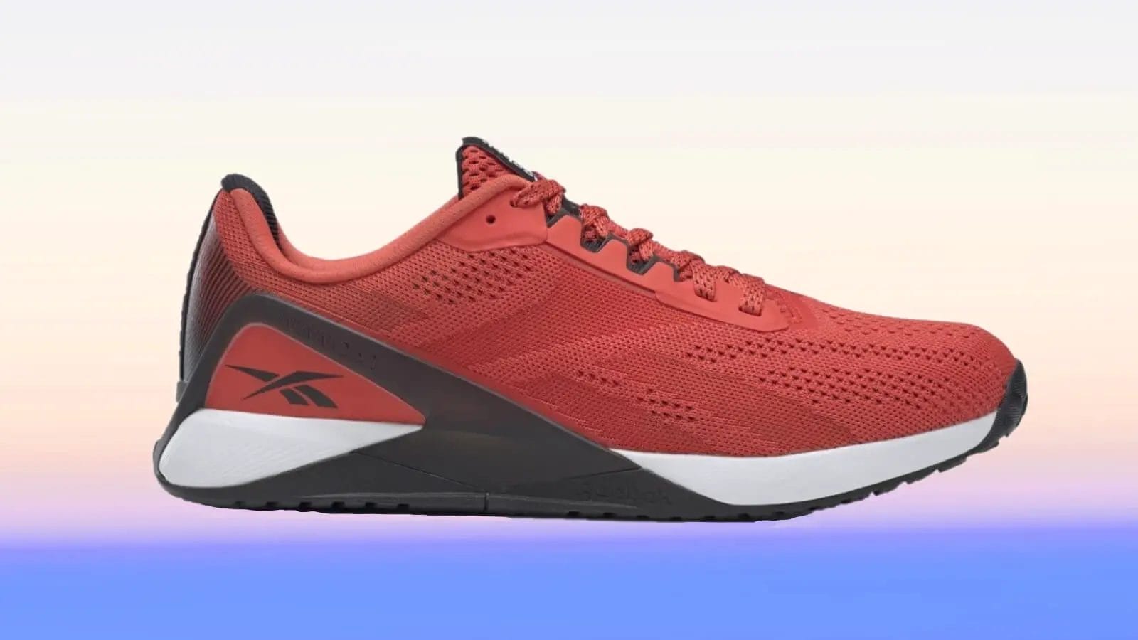 Red and White Reebok Nano X1 profile view showing reinforced heel cup for lateral stability.
