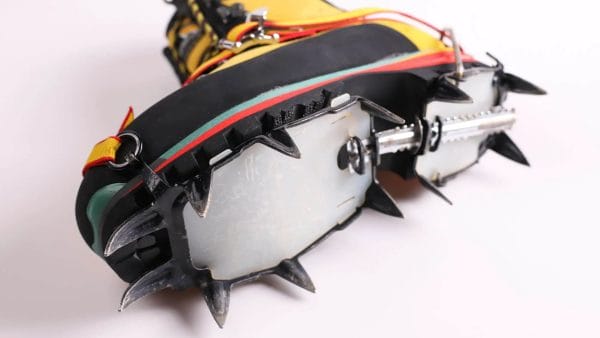 Close up view of 10 point hiking crampons